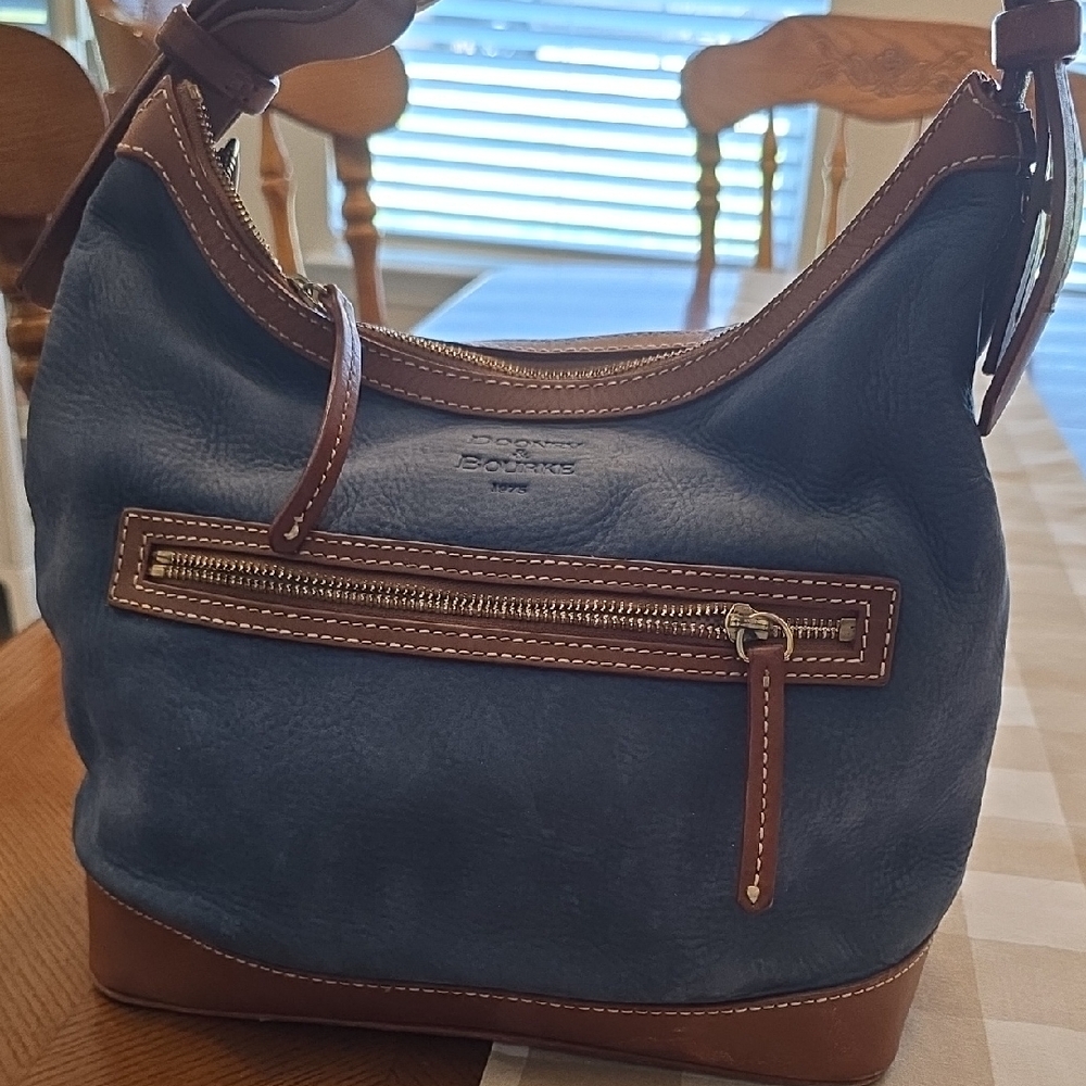 Vintage Dooney & Bourke Navy Suede and Tan Leather Hobo Bag